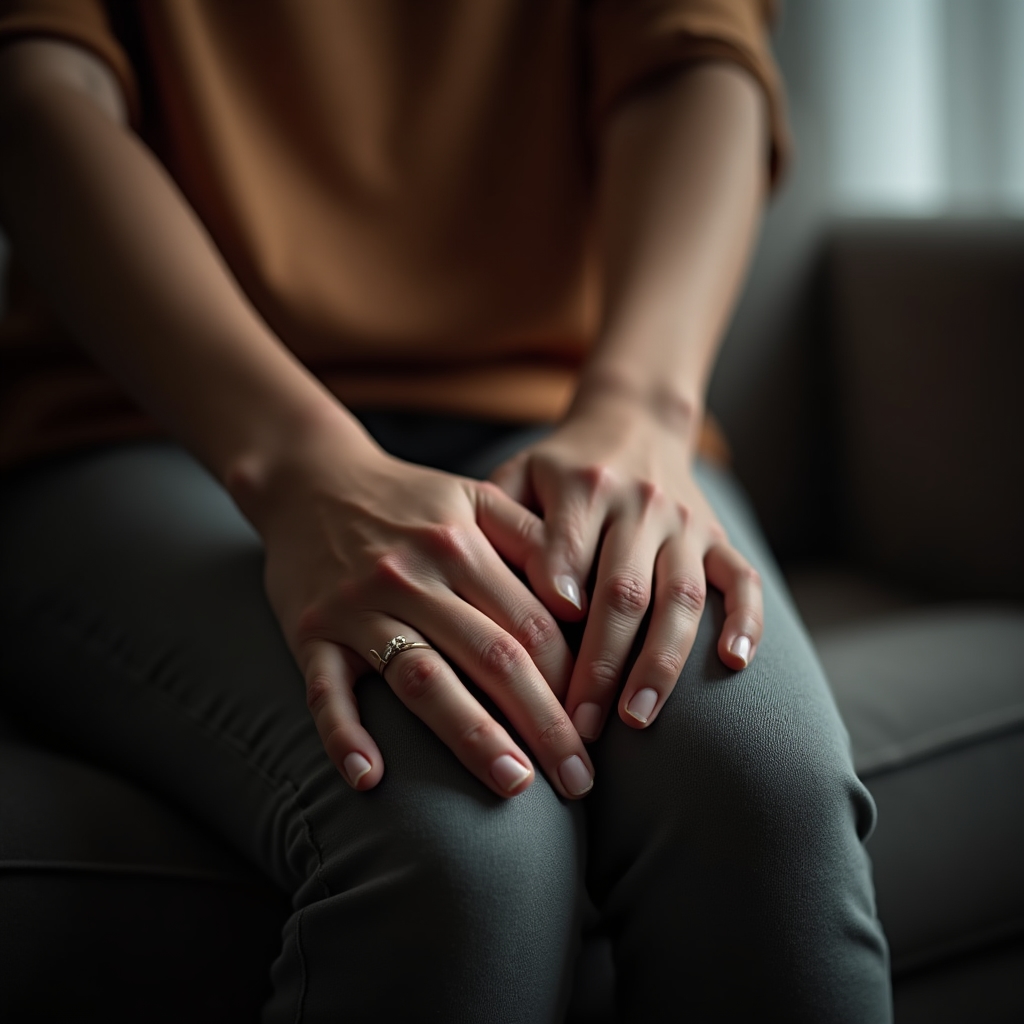 Close-up of a person's hand gently touching their knee during a rest period