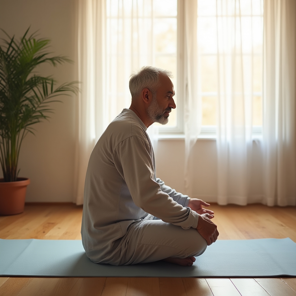 Person doing gentle morning stretches on a yoga mat by a window