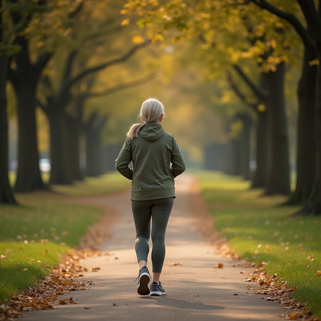 Person walking on a quiet park path at a comfortable pace