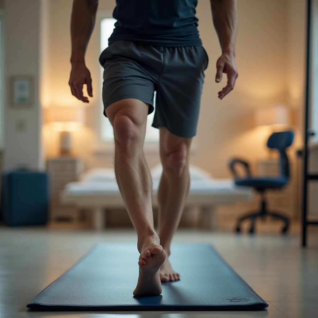 Close-up of a person performing a guided knee rehabilitation movement